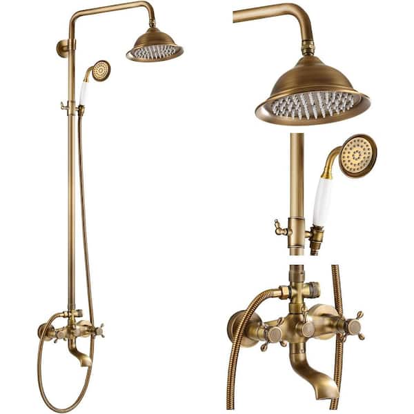 HOMEMYSTIQUE 3-Spray Wall Slid Bar Round Rain Shower Faucet with Hand Shower 2 Cross Handles in Antiqued (Valve Included)