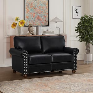 59.45 in. Round Arm Faux Leather Rectangle Mid-Century Modern Sofa with 2 Removable Storage Boxes in. Black