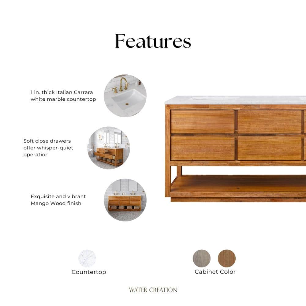 72'' Mango Wood Vanity with Carrara White Marble Top