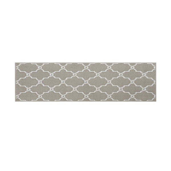 Jean Pierre Washable Non-Skid Light Grey and White 2 ft. 2 in. x 8 ft. Geometric Runner Rug