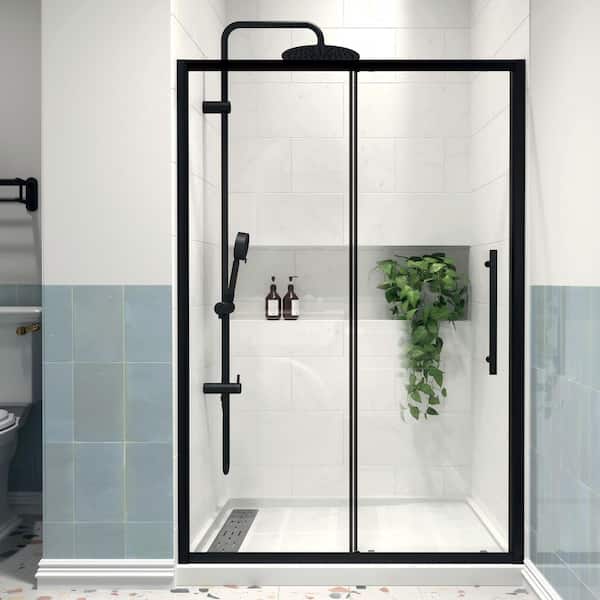 Modern 48 in. W x 72 in. H Sliding Semi-Frameless Shower Door in Matte Black Finish with 1/4 in. (6mm) Clear Glass