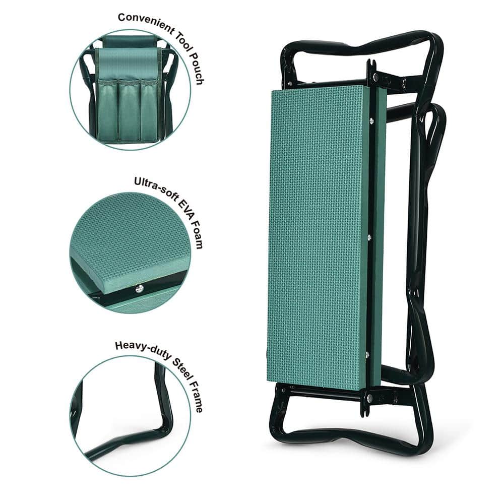 Green and Beige Metal Folding Garden Kneeler Seat Bench with Tool Pouches