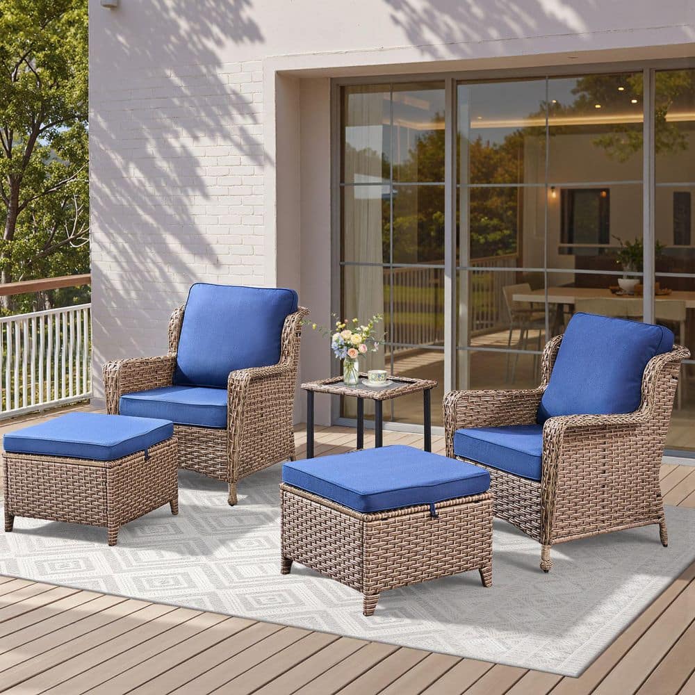 5-Piece Outdoor Wicker Patio Conversation Set with Blue Cushions, Lounge Chairs Set with Side Table and Ottomans price history on PriceWatchPro