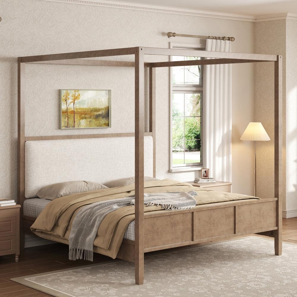 Walnut King Size Wooden Canopy Platform bed with Upholstery Headboard price history on PriceWatchPro