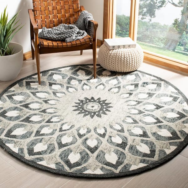 Novelty Charcoal/Ivory 8 ft. x 8 ft. Medallion Border Round Area Rug