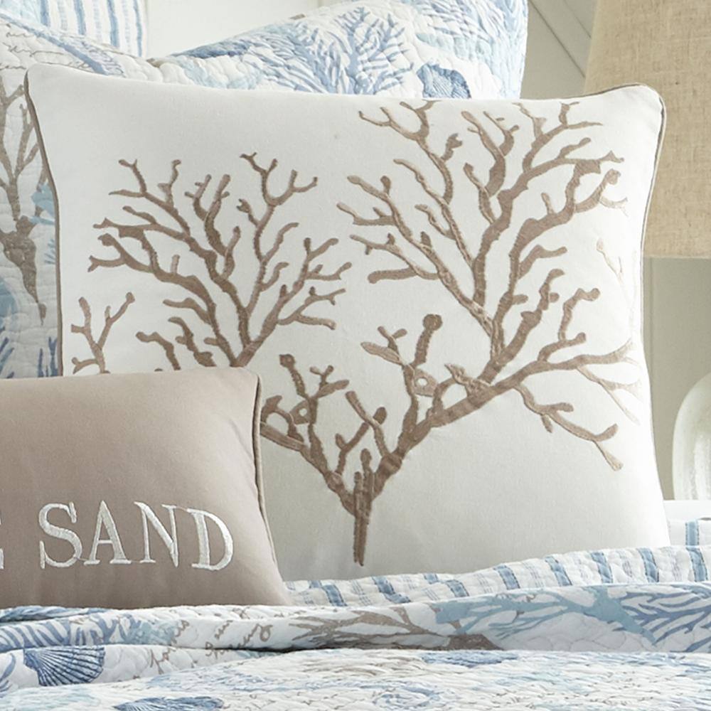 18" White and Taupe Embroidered Coral Square Pillow