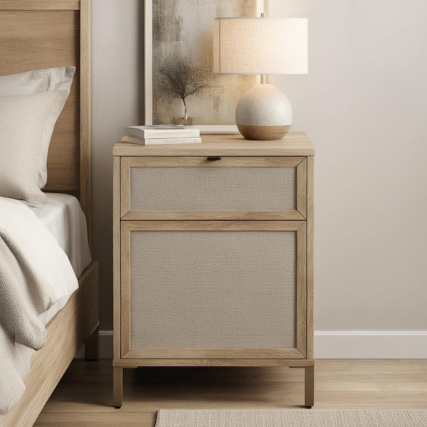 Twin Star Home 1-Drawer Bishop Oak Nightstand with 2-USB Charging Ports