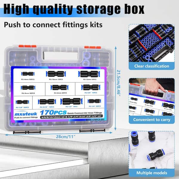 Assorted 1/8 in.-1/2 in. and 4-12 mm Pneumatic Push-to-Connect Air Hose Fittings Kit Multi-Colored (170-Pack)