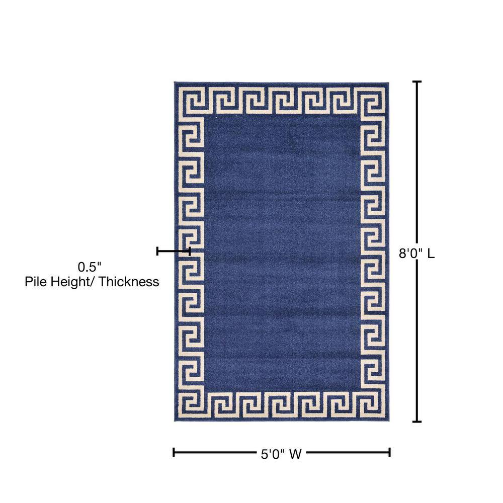 Navy and Beige Geometric Border 5' x 7' Synthetic Area Rug