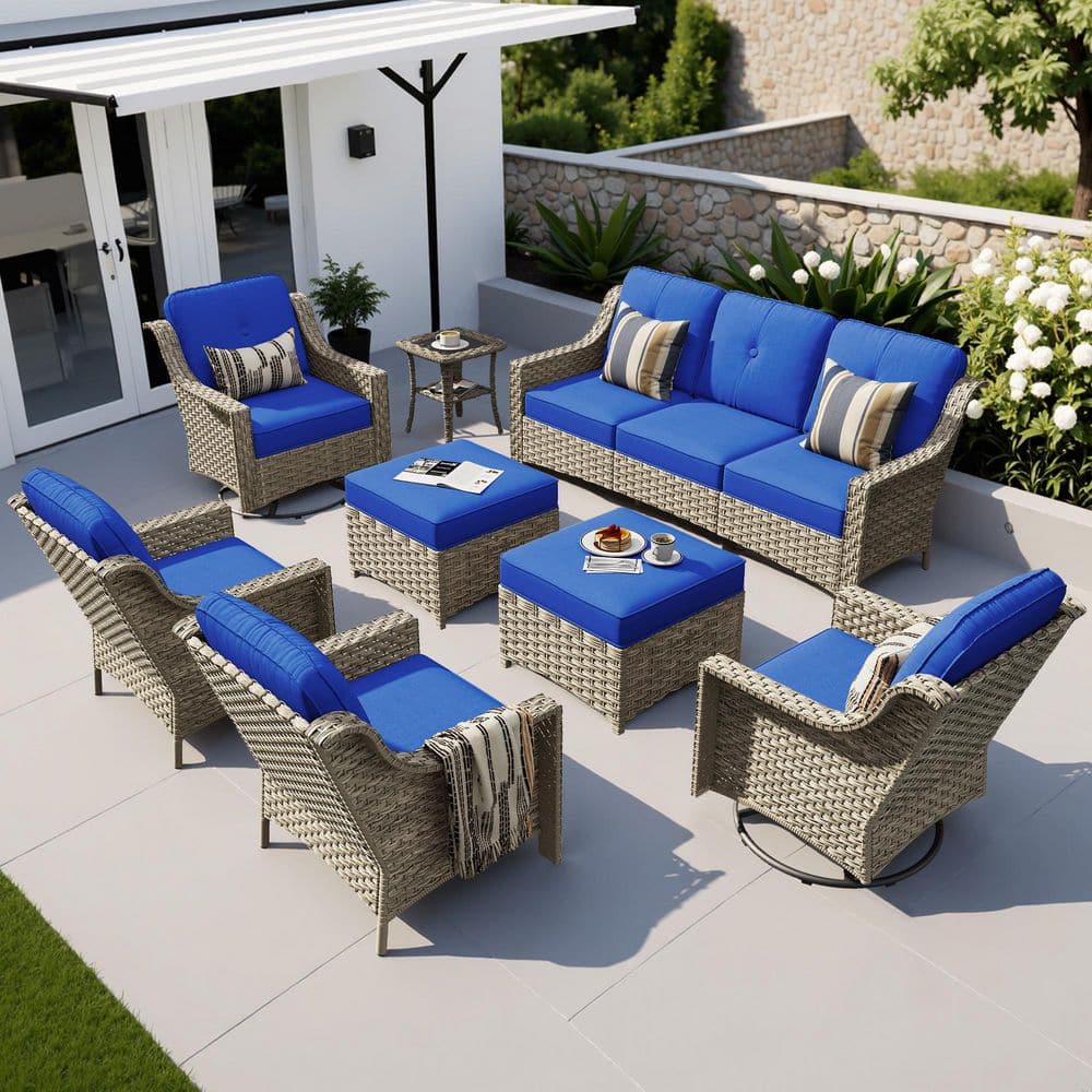 TranquilNest 8 Pieces Wicker Patio Conversation Seating Sofa Set with Navy Blue Cushions and Swivel Rocking Chairs price history on PriceWatchPro