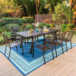 Black 9-Piece Metal Outdoor Patio Dining Set with Slat Extendable Table and Fashion Stackable Chairs