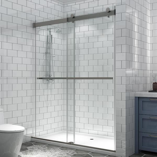 Unbranded 60 in. W x 74 in. H 2-Way Sliding Semi Frameless Shower Door in Brush Nickel