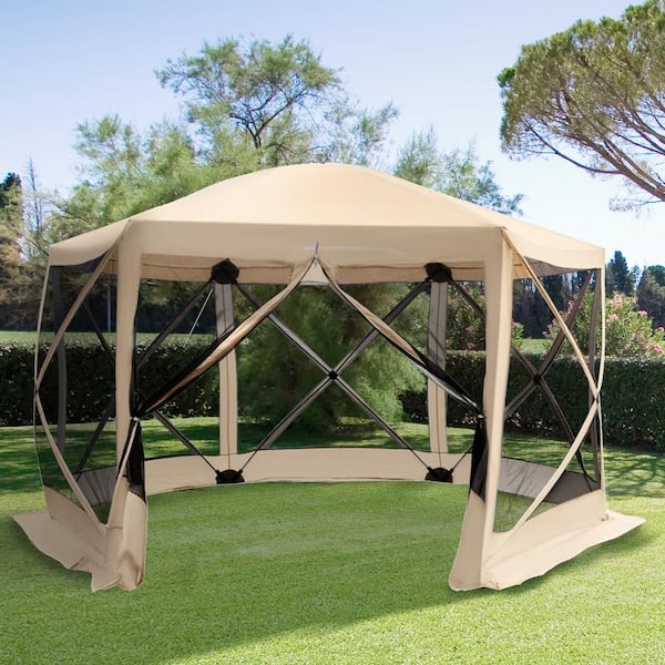 Unbranded 12 ft. x 12 ft. Pop Up Hexagon Tent Portable Gazebo Canopy Shelter with Mesh Netting Walls, Carry Bag, Beige