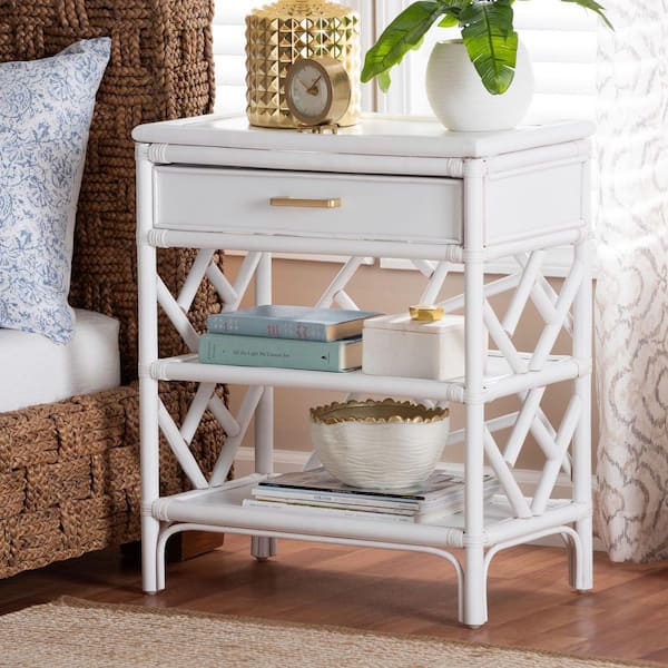 Daina White Rattan 1-Drawer Nightstand