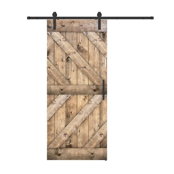 Dessliy Triple KR 38 in. x 84 in. Dark Walnut Finished Pine Wood Sliding Barn Door with Hardware Kit (DIY)