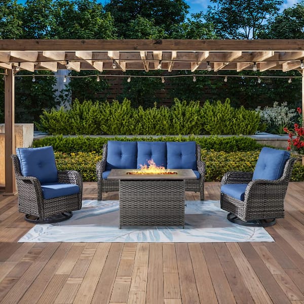 4-Piece Gray Wicker Outdoor Patio Rectangular Fire Pit Conversation Set with Blue Cushions and Swivel Rocker Chairs