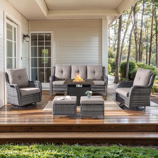 moosprr 6-Piece Gray Wicker Fire Pit Conversation Set with Olefin Gray Cushions and Curved Arm Swivel Glider Rocking Chairs