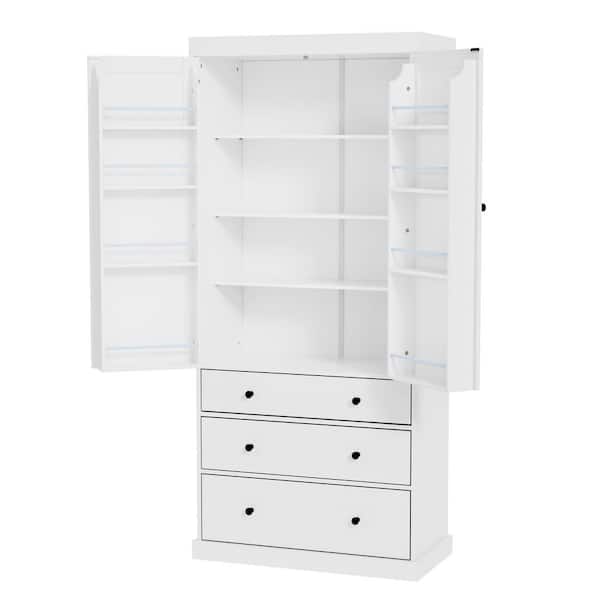 White 77 in. Accent Cabinet, Pantry Cabinet with 3 Adjustable Shelves, 8 Door Shelves, 3 Drawers