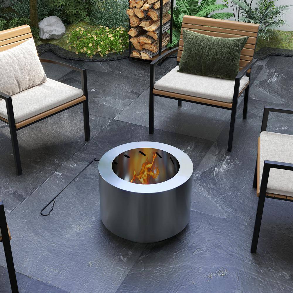 Silver Stainless Steel Smokeless Wood Burning Fire Pit with Poker