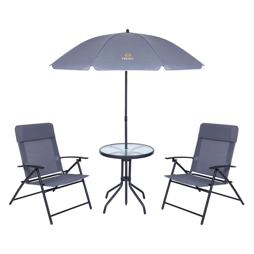 Gray 4-Piece Steel Patio Dining Set with Umbrella and Glass Table