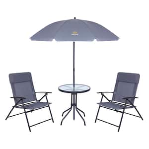 4-Piece Patio Table and Chairs, 1 Glass Table, 2 Folding Chairs and Tilt Umbrella Patio Set (Grey)