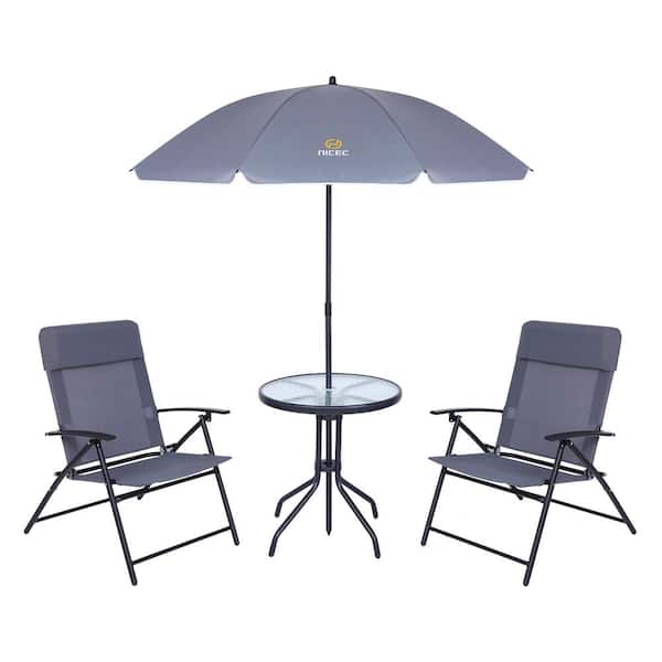 NICE C 4-Piece Patio Table and Chairs, 1 Glass Table, 2 Folding Chairs and Tilt Umbrella Patio Set (Grey)