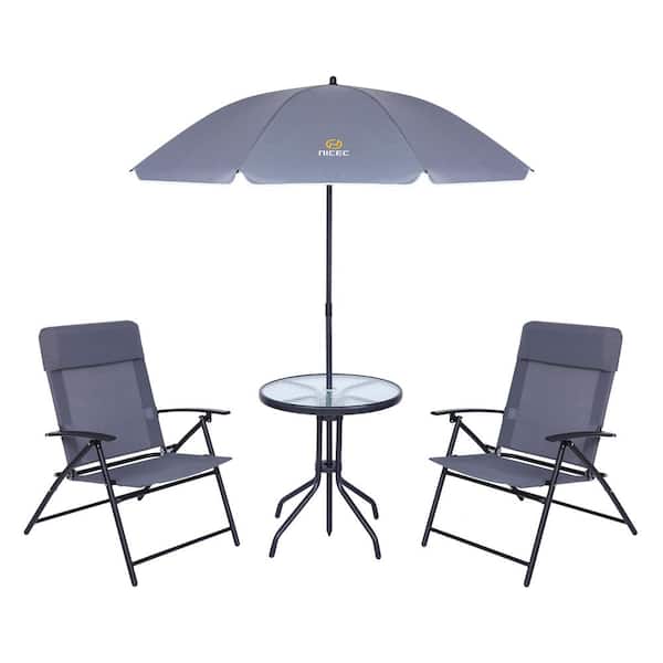 MUKE 4-Piece Patio Table and Chairs, 1 Glass Table, 2 Folding Chairs and Tilt Umbrella Patio Set (Grey)