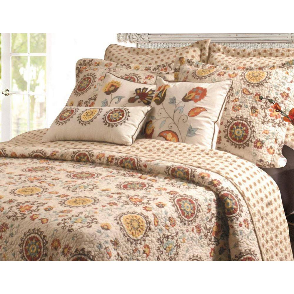King Red Cotton Reversible Quilt Set with Floral Design