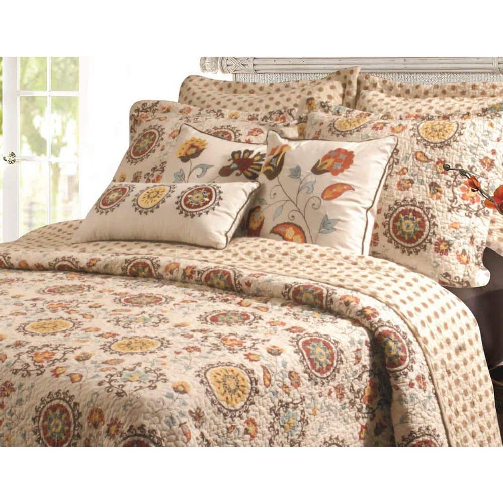 Full Brown Cotton Reversible Quilt Set with Floral Crests