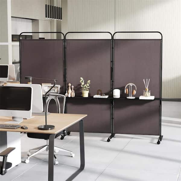 74 in. Tall Brown 3-Panel Room Divider with Storage Shelves Folding Privacy Screen on Wheels