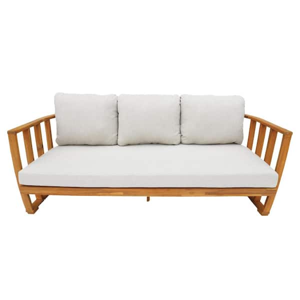 Helga Acacia Wood Patio Outdoor 3-seat Couch with Gray Cushions