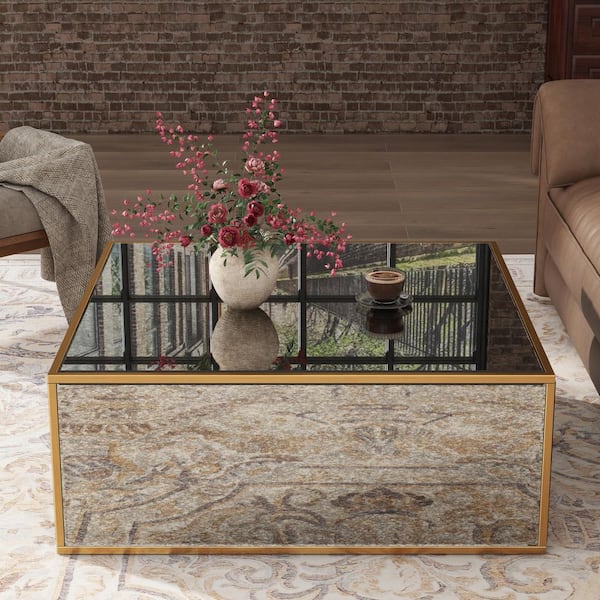 Modern Antique Gold 35.4 in. W x 14.2 in. H Square Mirror Glass Coffee Table