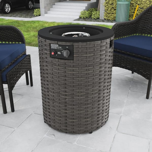 18.9 in. 50000 BTU Gray Round Wicker Propane Fire Pit Table with Metal Tabletop
