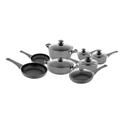 14-Piece Titanium Coated Aluminum Non-Stick Assorted Cookware Set in Gray with Glass Lids