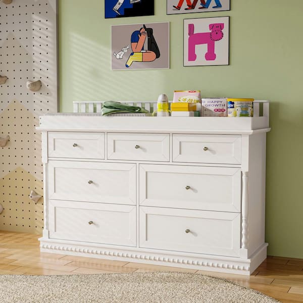 White Wood Changing Table with 7-Drawers, Guardrail Top, Anti-Tip Safety Feature
