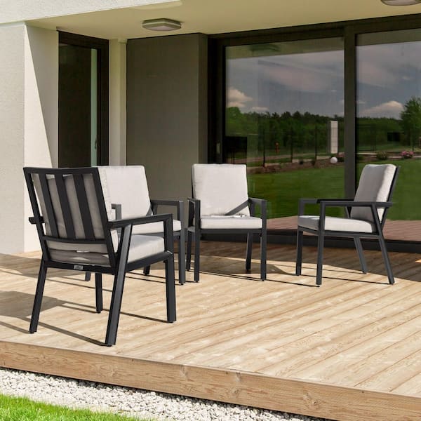 Black Aluminum Outdoor Dining Chairs with Gray Cushions (4-Pack)