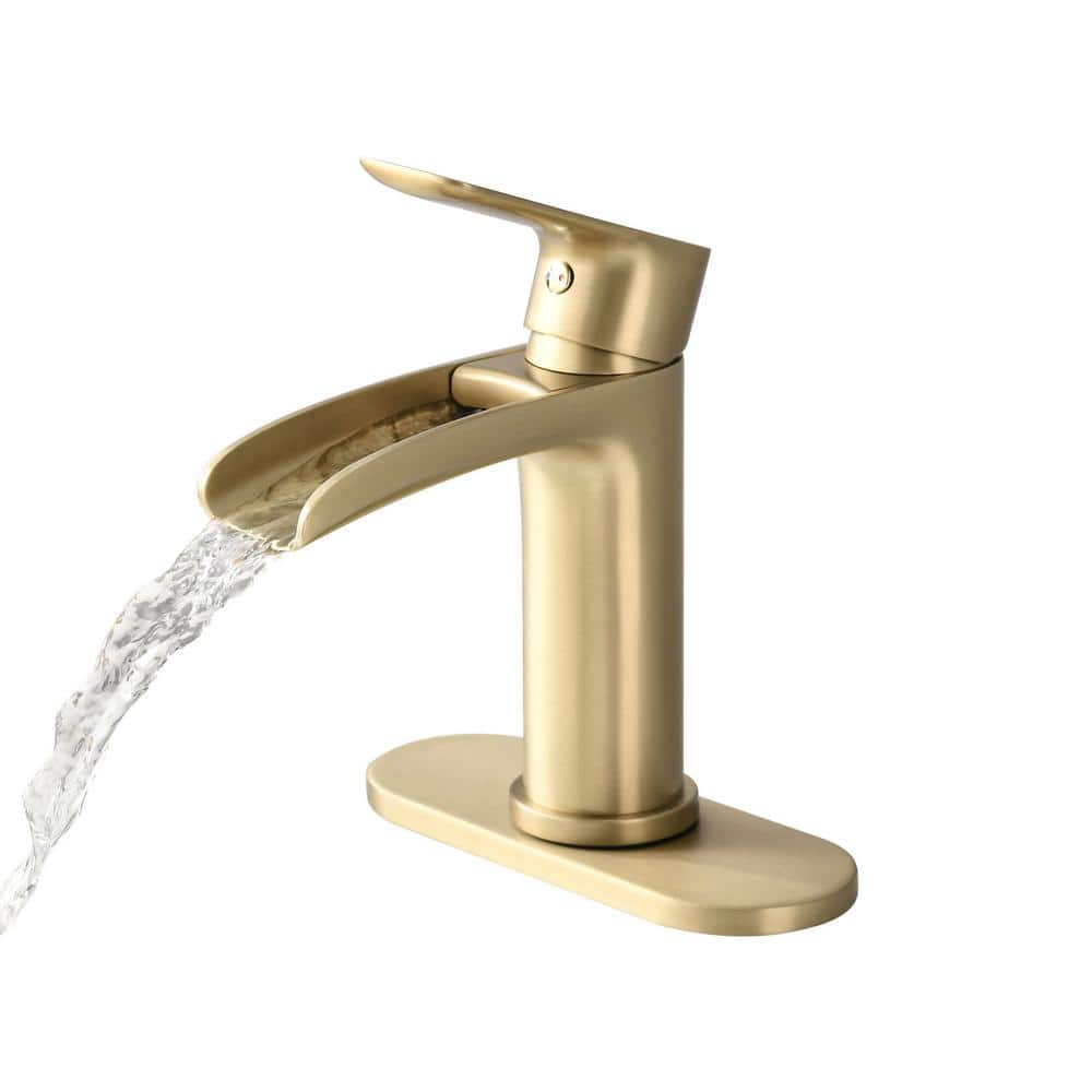Brushed Gold Single Handle Waterfall Bathroom Faucet with Deck Plate