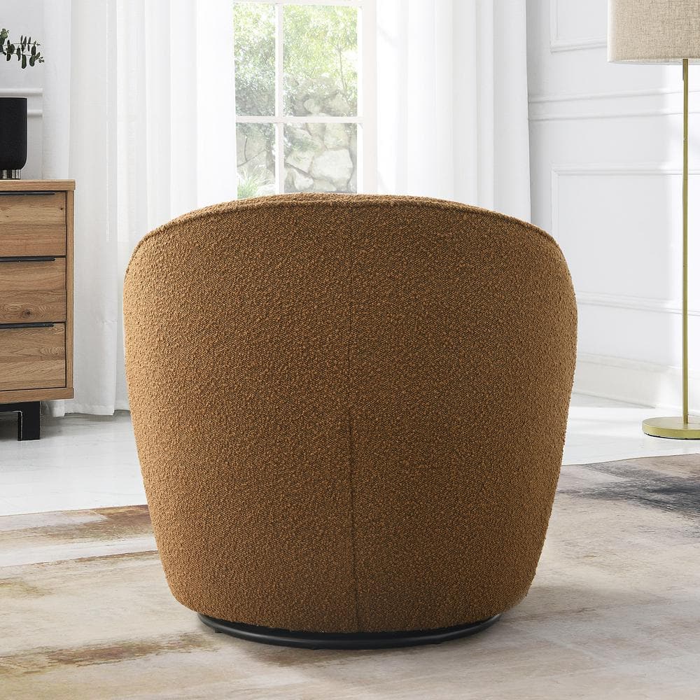 Camel Boucle Upholstered Swivel Barrel Chair with Solid Wood Frame