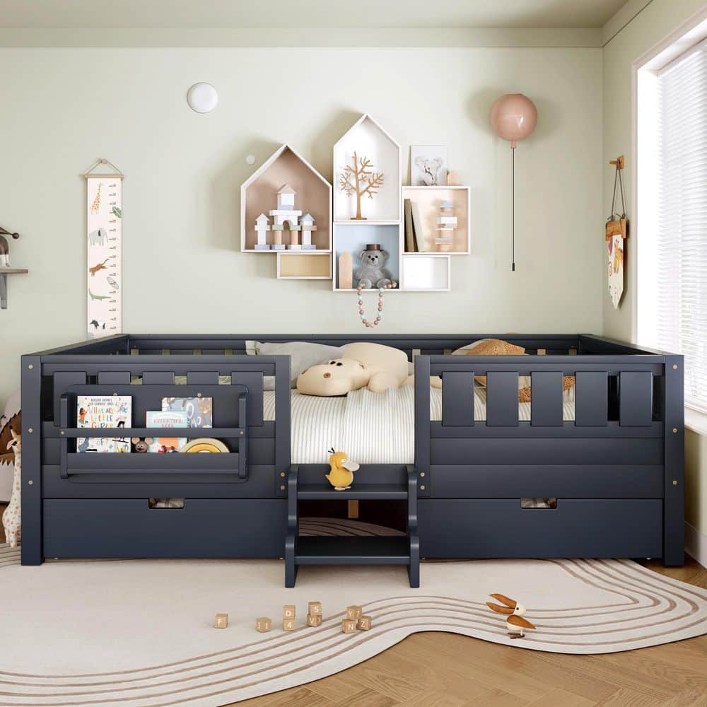 Blue MDF Wood Frame Queen Size Platform Bed with Built-In Bookshelves and Storage Drawers