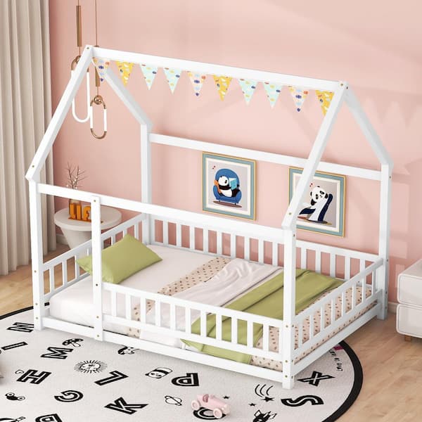 URTR White+Natural Full Size House Bed Frame, Full Floor Bed Montessori Bed  Frame with Roof and Window for Kids, Girls, Boys T-02095-F-L - The Home  Depot