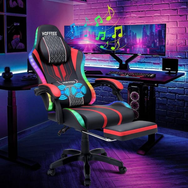 Faux Leather Massage Ergonomic Gaming Chair Big and Tall Game Chair in Red with Bluetooth Speakers LED Lights Footrest