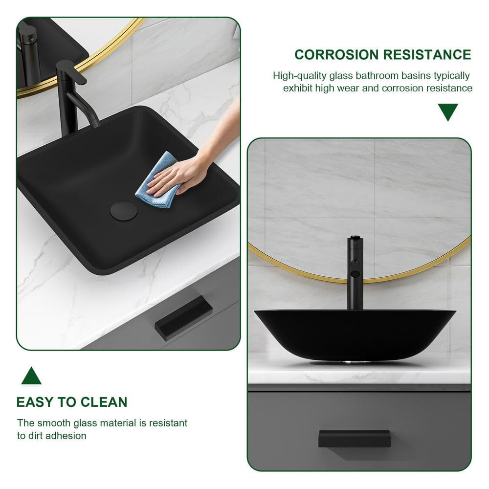 16.42 Inch Matte Black Glass Square Vessel Sink with Faucet
