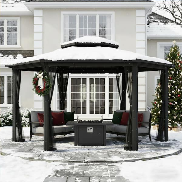 15 ft. x 15 ft. Hexagon Outdoor Black Aluminum Frame Pavilion Hardtop Gazebo with Double Iron Roof and Mosquito Netting