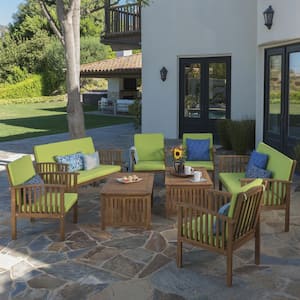 Thalia Brown 8-Piece Wood Outdoor Patio Conversation Set with Light Green Cushions