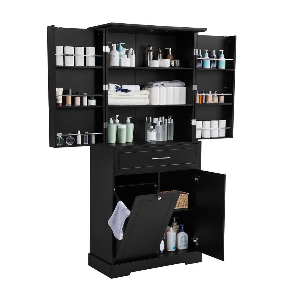 James Black Wood 72.6 in. Tilt-Out Laundry Hamper Bathroom Cabinet with Adjustable Shelves and Multiple Compartments