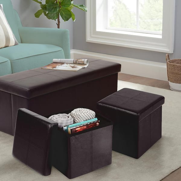American Furniture Classics Model 514 3 PC Foldable Tufted Storage Bench and 2 Ottomans - Brown