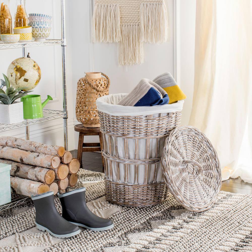 White-Washed Kubu Upright Hamper with Lid