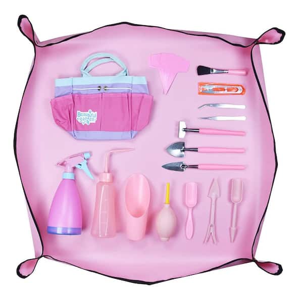 21-Piece Garden Tool Set Succulent Plant Miniature Hand Tools Waterproof Collapsible Mat Storage Bag Pink