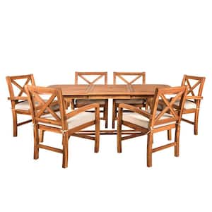 Brown 7-Piece X-Back Acacia Wood Outdoor Patio Dining Set with Tan Cushions