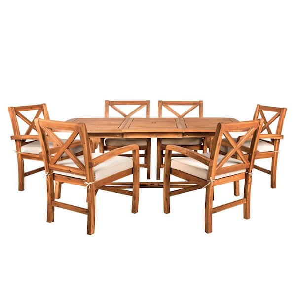 Brown 7-Piece X-Back Acacia Wood Outdoor Patio Dining Set with Tan Cushions